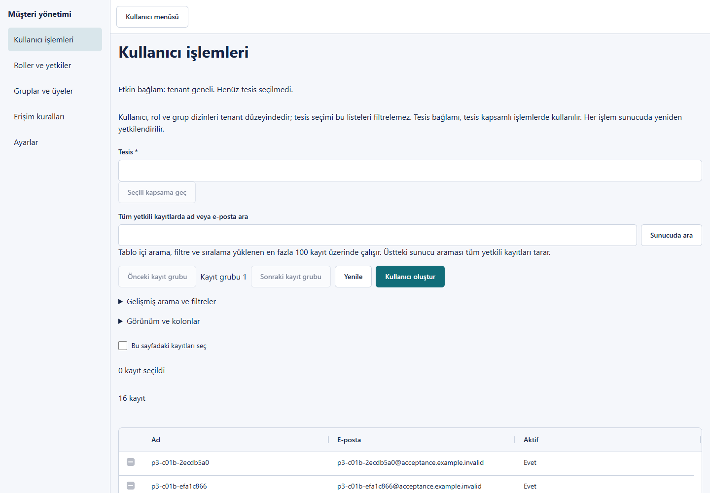 SaaS Document müşteri uygulamasında kullanıcı arama ve kayıt listesi